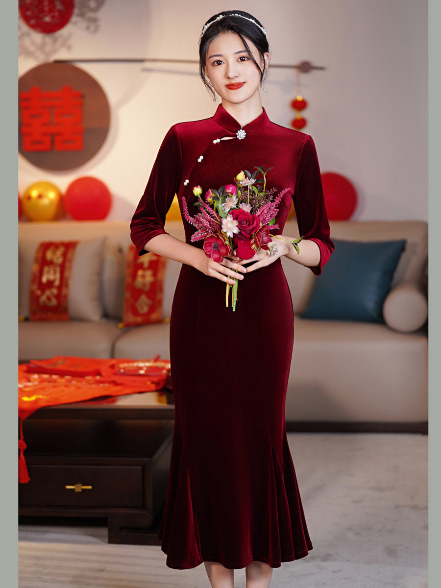 旗袍2026春季新品丝绒改良版连衣裙年轻款女鱼尾礼服高端气质优雅