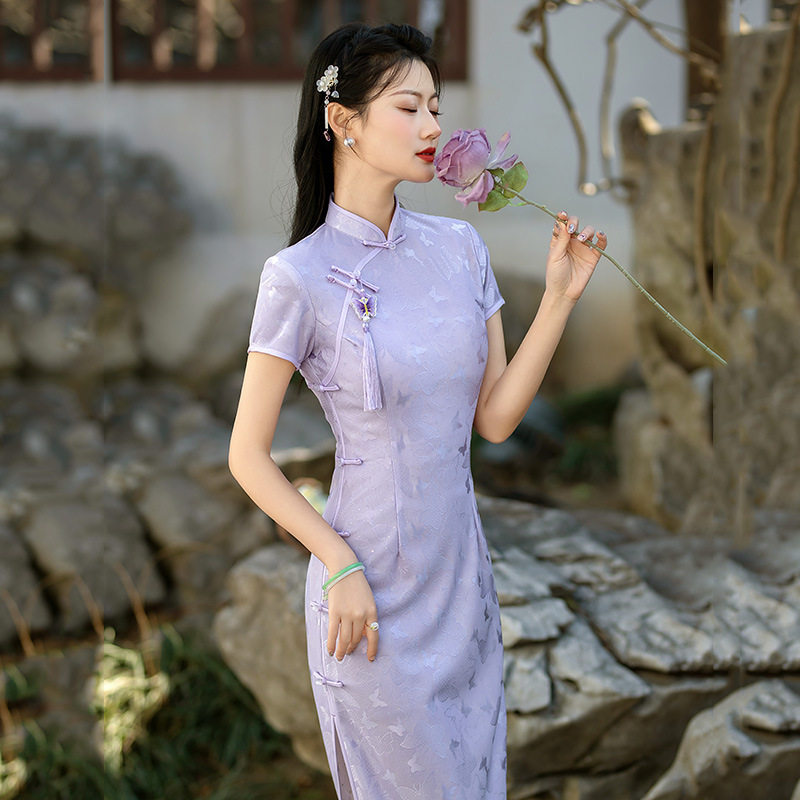 紫色蕾丝国风中式日常改良旗袍年轻款女复古修身短袖气质平时春夏