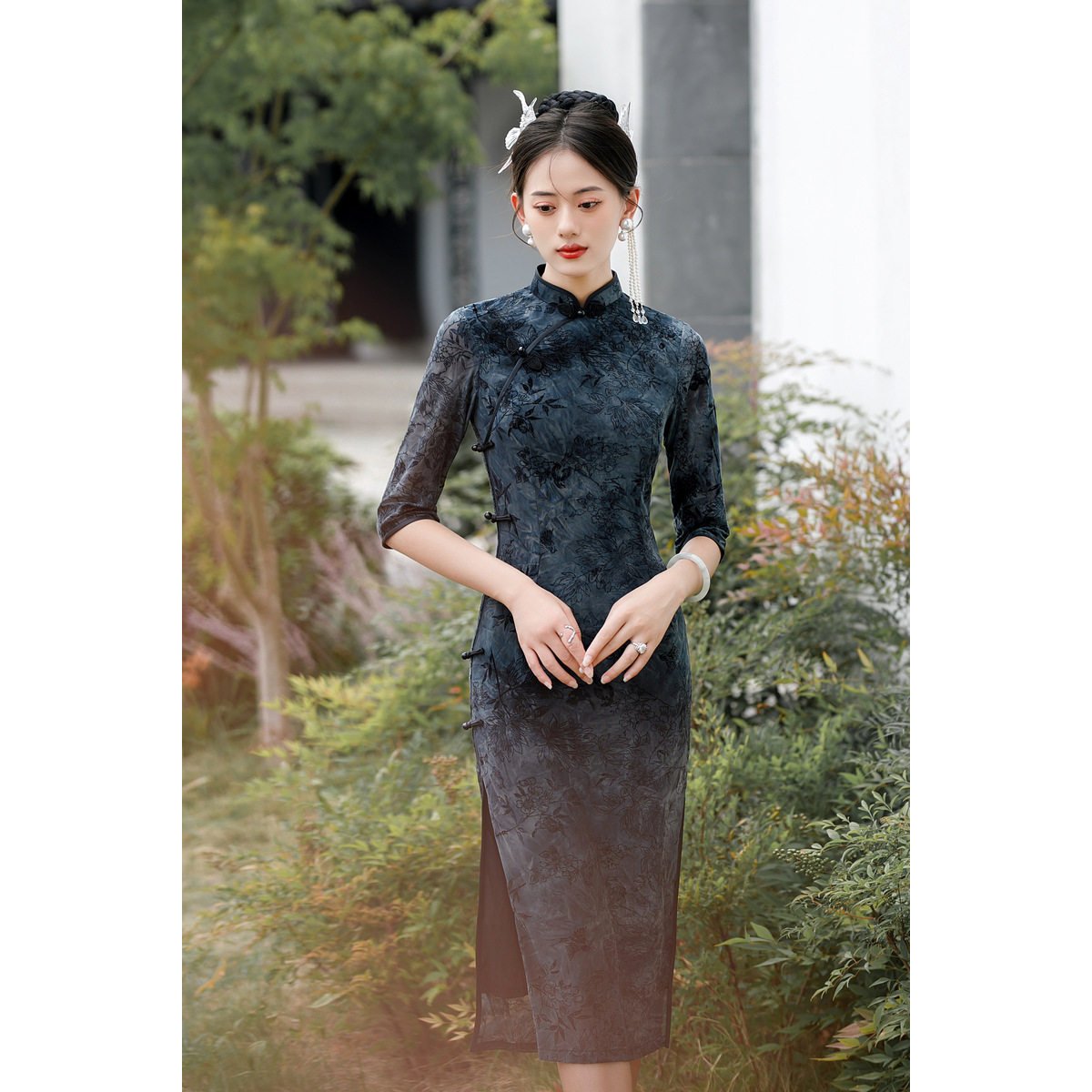2026春季改良植绒双层旗袍日常老上海复古宴会中袖礼服连衣裙女装