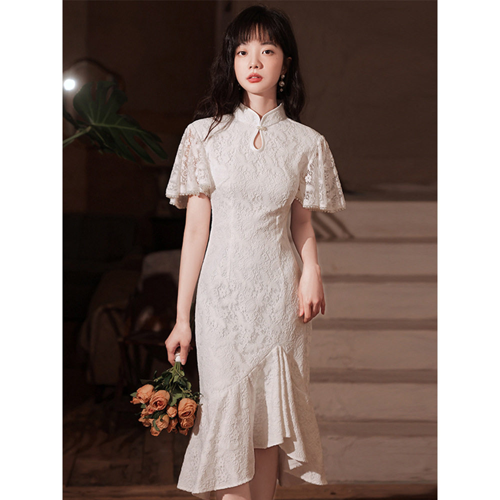 鱼尾旗袍蕾丝礼服裙2026新款伴娘年轻款少女感白色改良版平时可穿