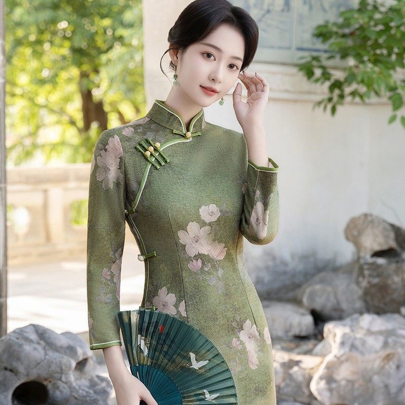 中式旗袍裙曼丽绒印花长款立领秋冬显瘦高开衩礼服日常优雅连衣裙