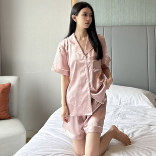 新款粉色爱心提花冰雪丝睡衣女夏天短袖短裤刺绣字母家居服套装