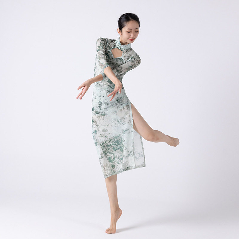 中国风风碎花改良旗袍式舞蹈服 立领镂空开叉表演现代舞蹈服
