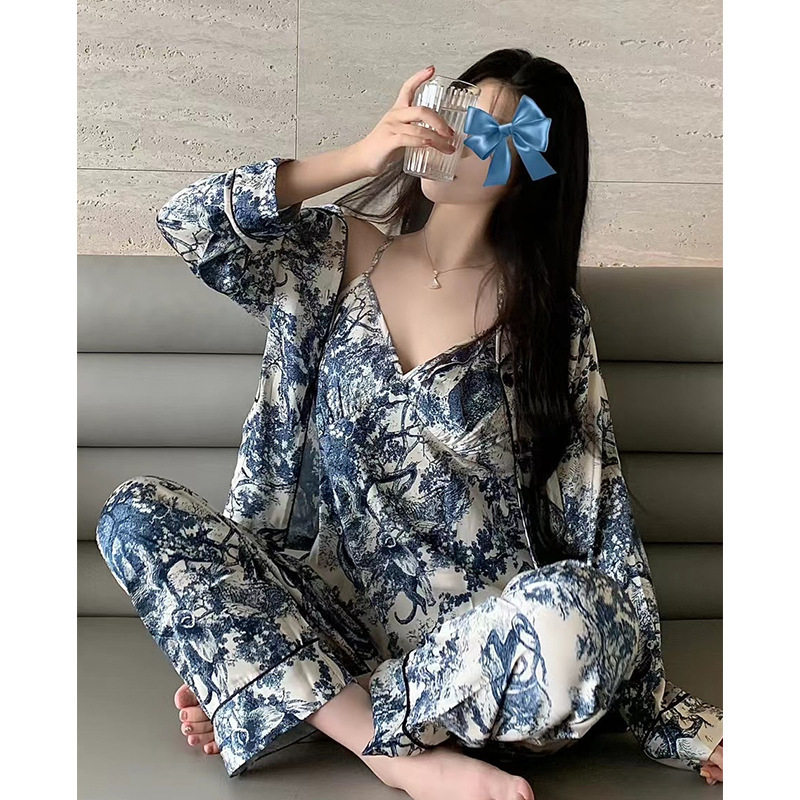 丛林吊带三件套女士睡衣轻奢优雅春秋季冰丝长袖家居服舒适套装