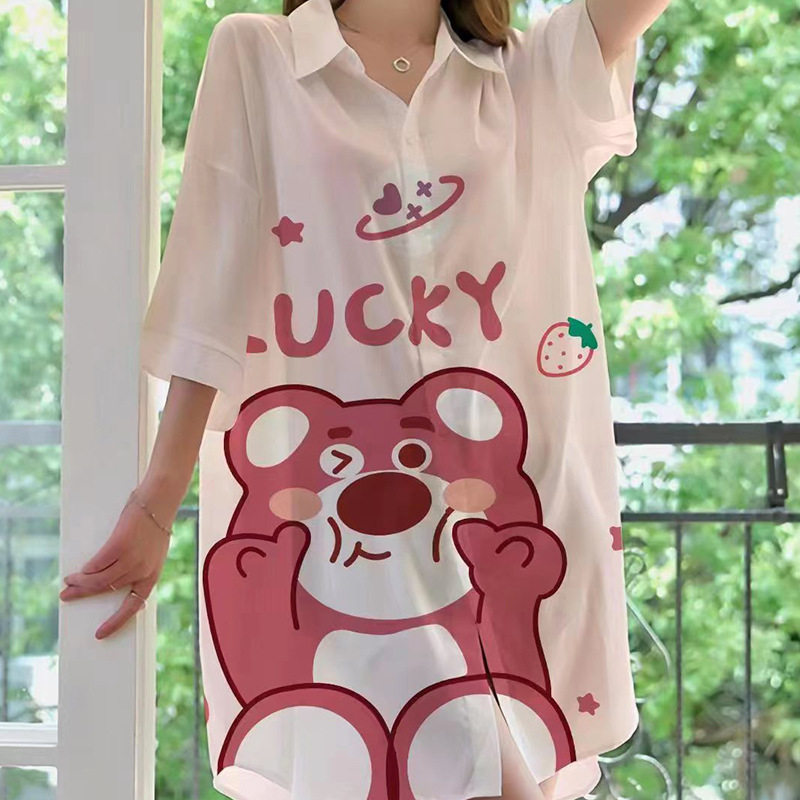 冰丝睡衣女2026年新款夏中袖卡通性感衬衫裙宽松大码家居服秋跨境
