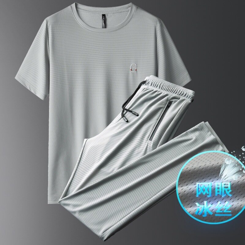轻奢级冰丝男士休闲套装春夏季薄短袖运动服速干上衣裤子两件套