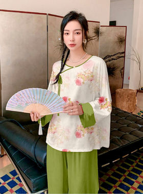 耀婷春夏新中式国风女士睡衣复古风套装缎面雪纺可外穿家居服跨境