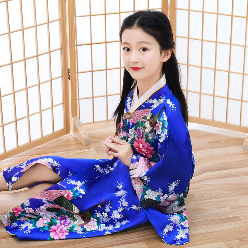 新款儿童和服日式浴袍女孩公主裙表演气质可爱蝴蝶结孔雀印花外贸