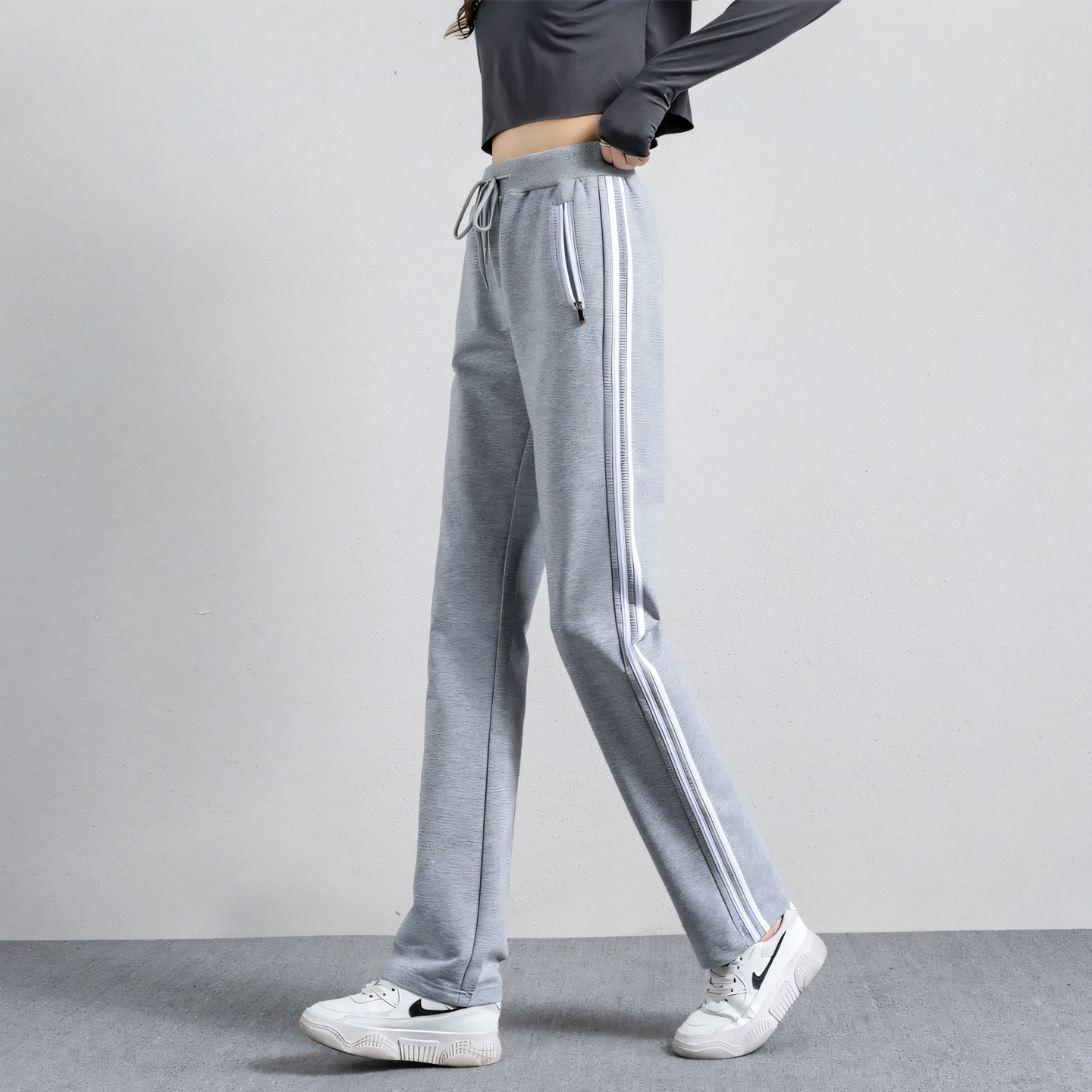 拉链口袋运动裤女卫裤直筒休闲裤