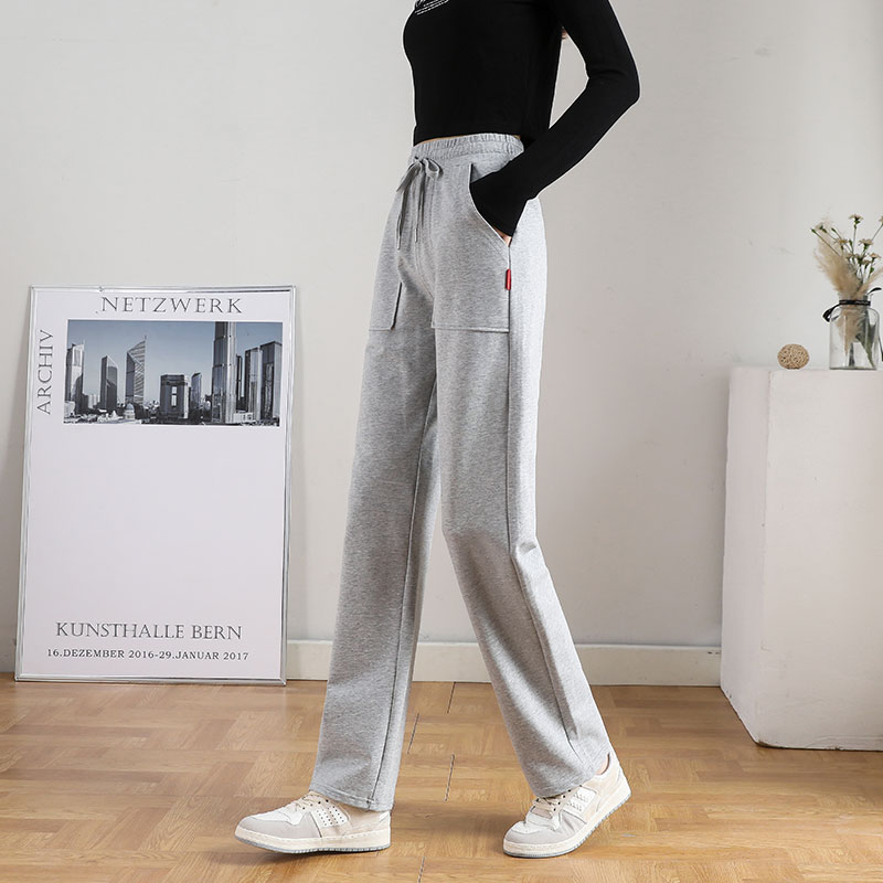 卫裤女春秋冬款加绒直筒运动裤子女复古纯棉工装大口袋灰色休闲裤