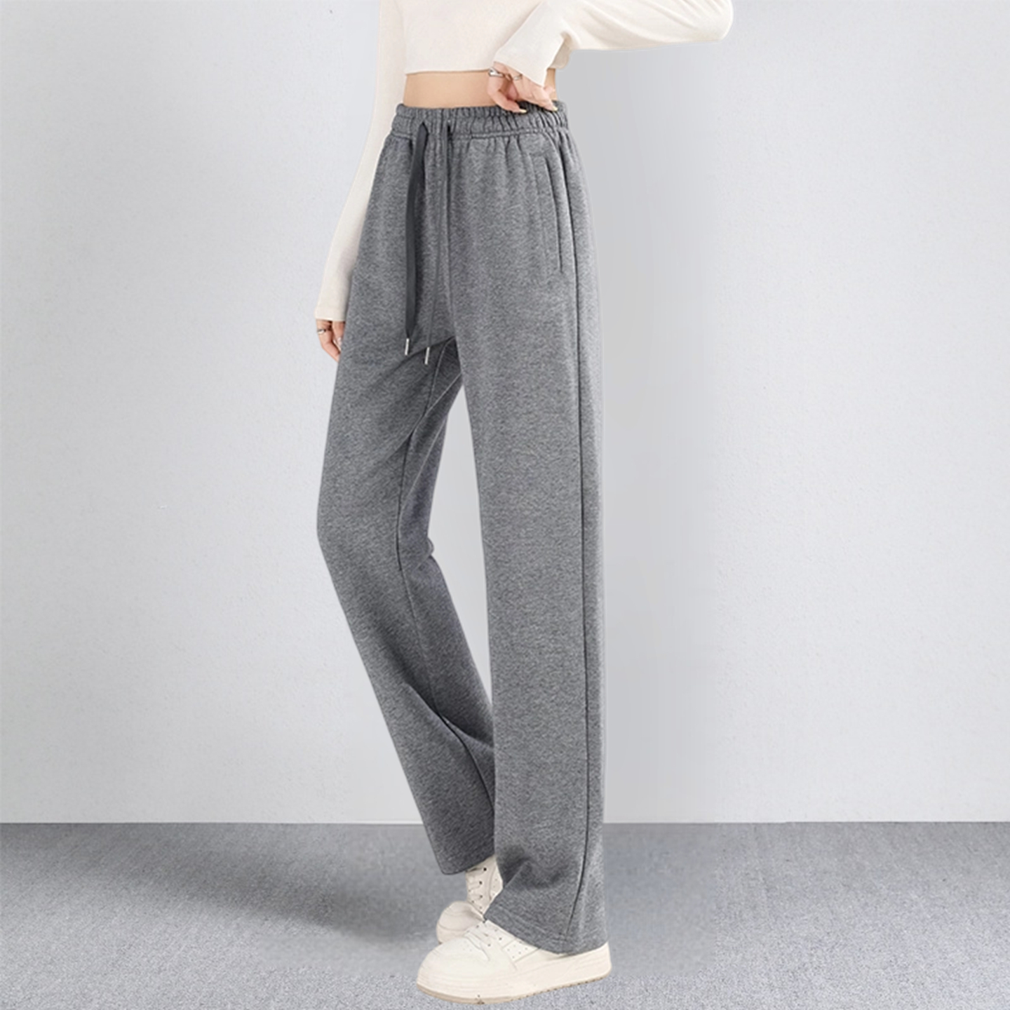 纯棉直筒运动裤女秋冬季全棉2025新款拉链口袋休闲长裤加绒卫裤子