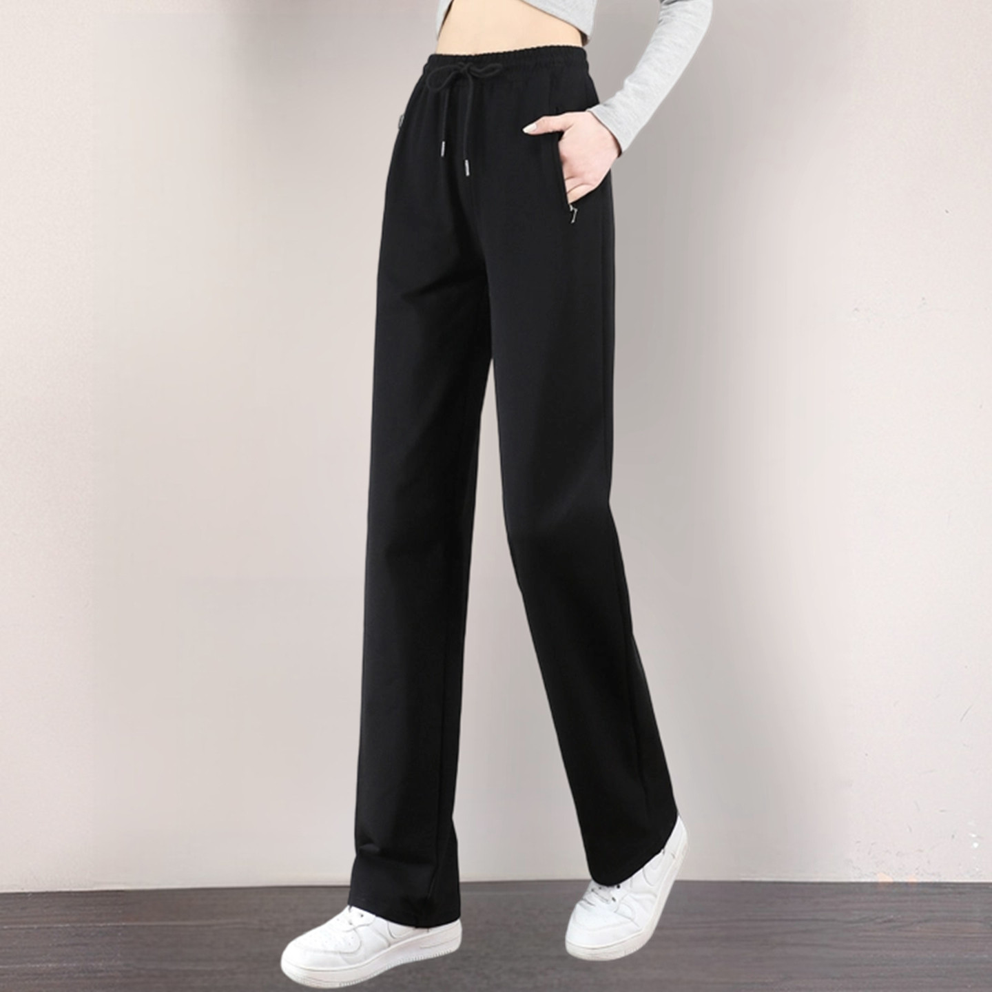 拉链口袋运动裤女士春秋夏季薄款直筒裤长裤子宽松纯棉休闲裤卫裤