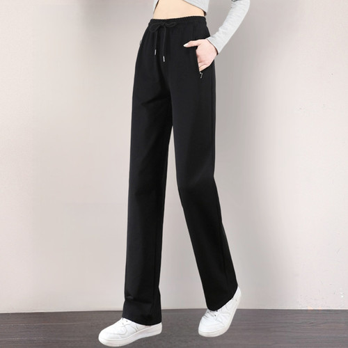 拉链口袋纯棉直筒运动裤休闲女裤