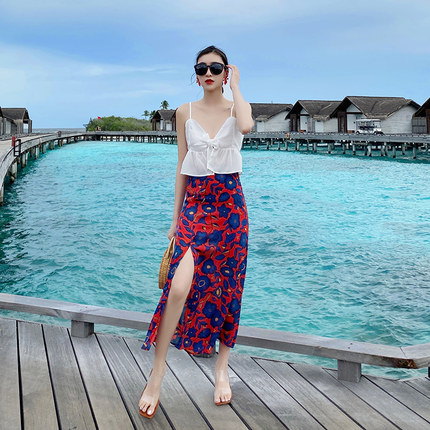 马尔代夫沙滩裙女海边度假显瘦印花半身裙夏季波西米亚雪纺半身裙