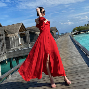 【买一送一】红色长裙大理洱海拍照海南度假沙滩裙露背吊带连衣裙