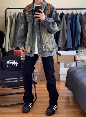 蓝色破洞牛仔外套男春夏款美式高街痞帅水洗做旧感工装夹克