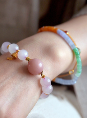 缘物和田玉藕粉手链谁款10mm樱花粉冰粉手串