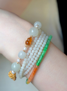 缘物和田玉10mm冰色青玉设计款珍珠金珀手串女款手链