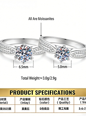 【Drctcy】莫桑钻戒指女士六爪莫桑石S925纯银饰品一克拉婚戒首饰