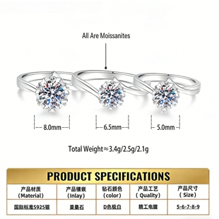 s925纯银雪花扭臂戒指女求婚钻石戒子一克拉莫桑钻D色 Drctcy
