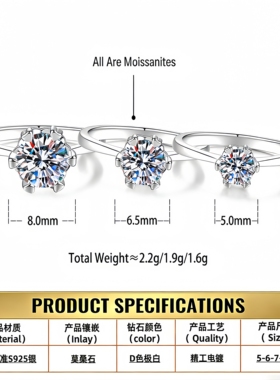 【Drctcy】s925纯银六爪雪花戒指女钻石婚戒圆形一克拉莫桑钻D色