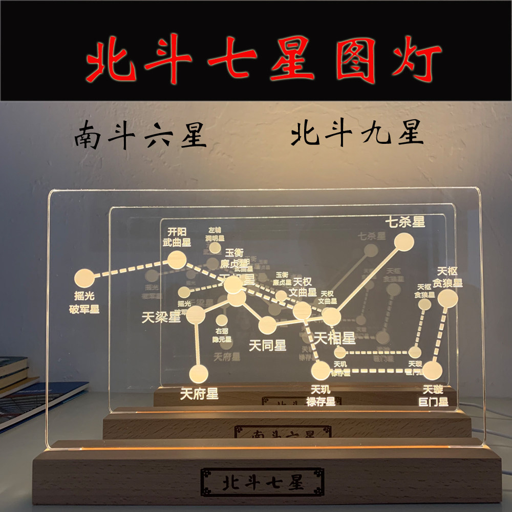北斗七星图亚克力雕刻板小夜灯北斗九星南斗六星底座实木高级定制