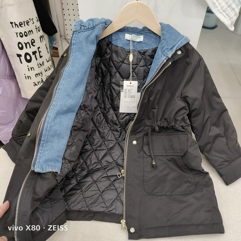 105-155CM 가을 겨울 여아 면 빨래집게 면 유래 면 중간 두께 중간 길이 면 의류 후드 면 패딩 재킷 데님 접합