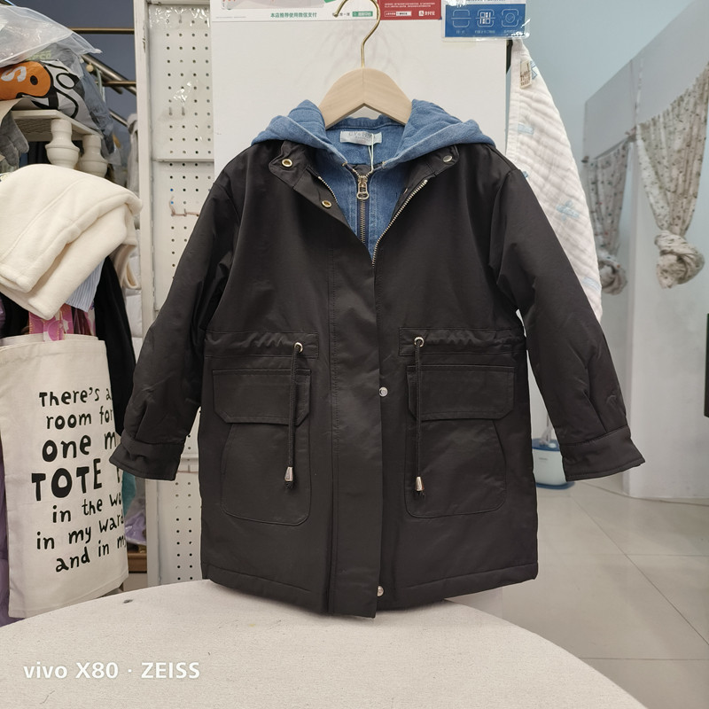 105-155CM 가을 겨울 여아 면 빨래집게 면 유래 면 중간 두께 중간 길이 면 의류 후드 면 패딩 재킷 데님 접합