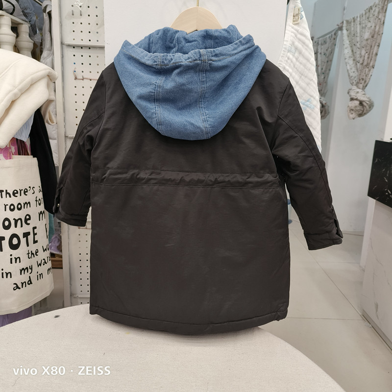 105-155CM 가을 겨울 여아 면 빨래집게 면 유래 면 중간 두께 중간 길이 면 의류 후드 면 패딩 재킷 데님 접합