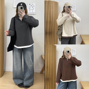 宛宛大码 内搭打底德绒正肩上衣 胖MM假两件撞色半拉链立领女秋冬季