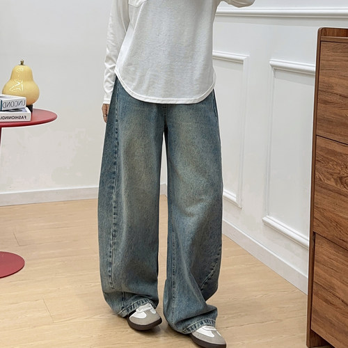 宛宛大码牛仔阔腿弯刀裤女2026新款胖mm梨形身材宽松香蕉裤镰刀裤