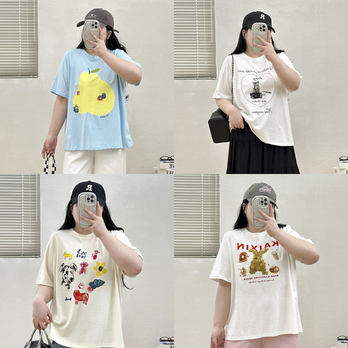 宛宛大码胖mm200斤卡通印花短袖T恤夏季新款宽松休闲遮肉上衣半袖