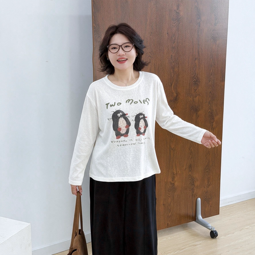 宛宛大码女装春秋新款胖MM套头印花宽松显瘦圆领正肩长袖T恤上衣