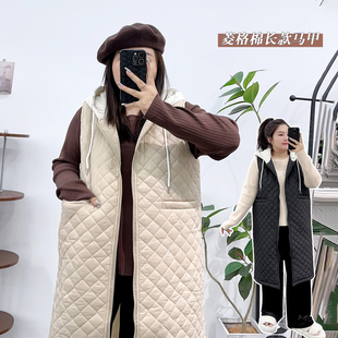 菱形格宽松棉背心 棉马甲200斤外套胖mm拼接连帽长款 宛宛大码 女装