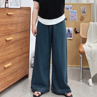 女夏胖妹妹mm设计感高腰直筒宽松显瘦拖地裤 大码 复古蓝阔腿牛仔裤
