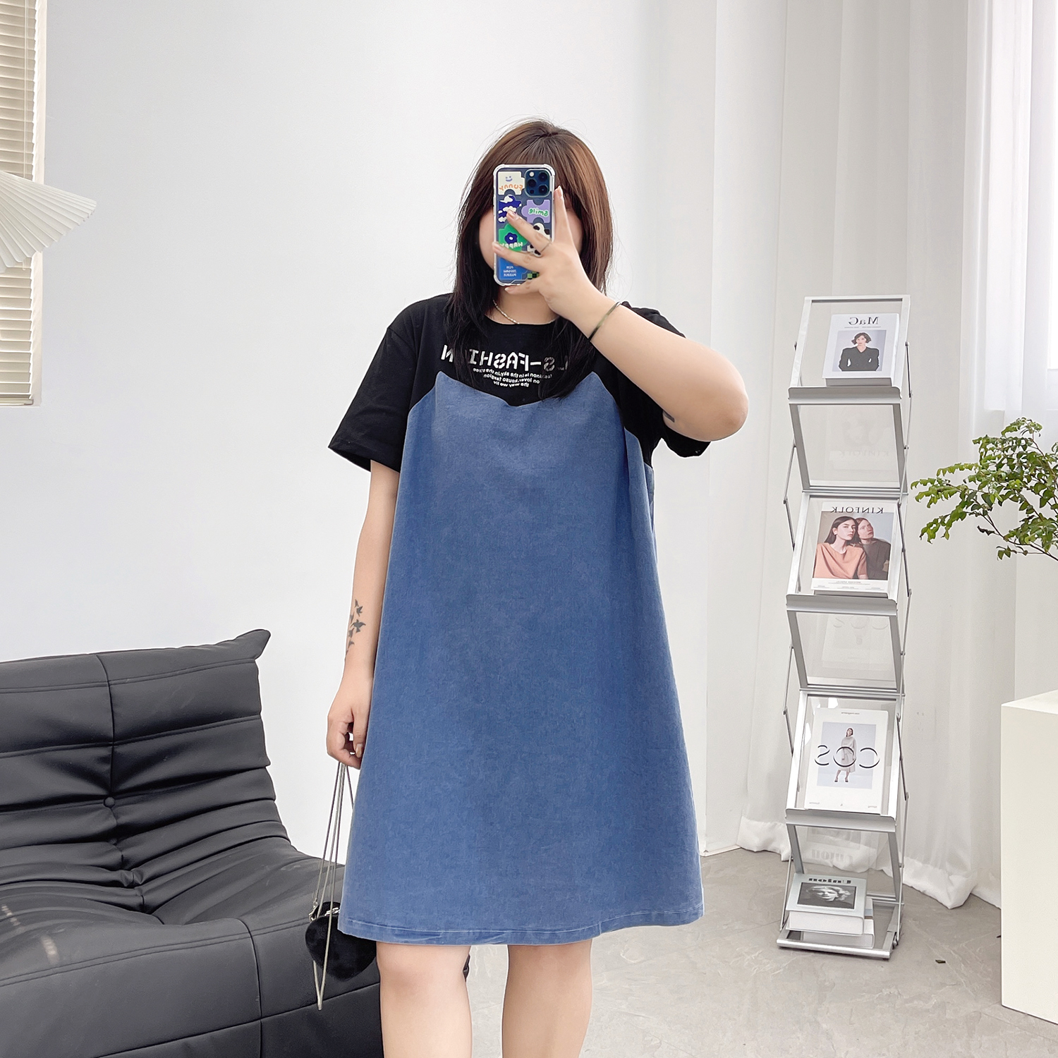 大码胖mm减龄牛仔拼接假两件连衣裙女2022夏季新款天丝棉牛仔裙子