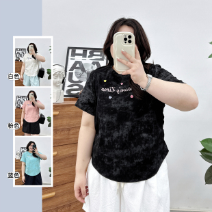 宛宛大码 T恤女显瘦遮肉上衣 胖妹妹扎染印花字母休闲拼色插肩短袖