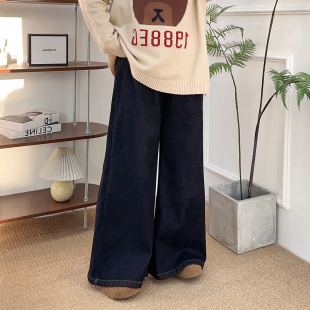 秋冬胖mm宽松高腰显瘦梨形身材直筒裤 大码 复古蓝色阔腿加绒牛仔裤