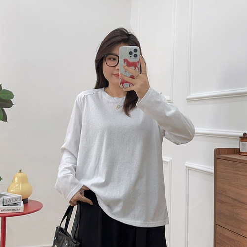 宛宛大码设计感打底衫长袖T恤女2026春季慵懒宽松休闲中长款上衣