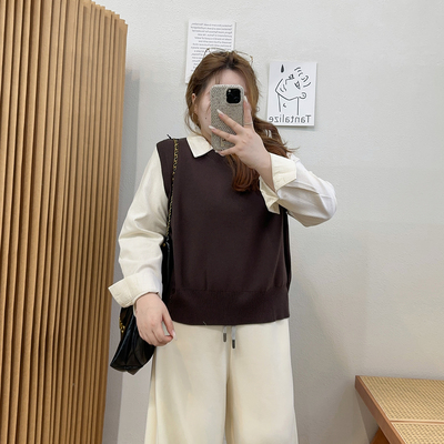 宛宛大码假两件条纹拼接针织长袖衬衫女新款休闲学院风叠穿上衣潮