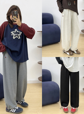 宛宛大码灰色休闲运动束脚卫裤女秋季新款胖mm宽松显瘦直筒阔腿裤