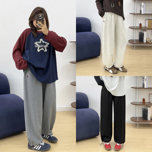 胖mm宽松显瘦直筒阔腿裤 宛宛大码 新款 女秋季 灰色休闲运动束脚卫裤