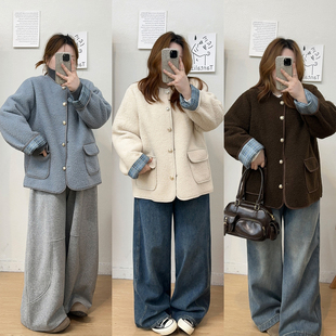 胖mm休闲风仿羊羔毛短外套女冬季 保暖加厚毛毛绒外套 女装 宛宛大码