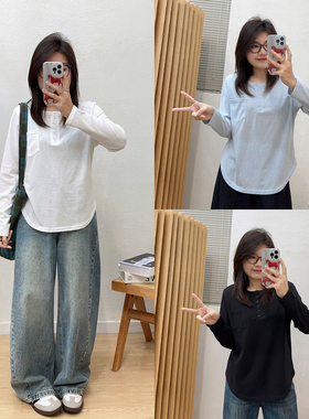 宛宛大码纯棉简约长袖T恤女春季新款胖mm显瘦宽松打底衫内搭上衣