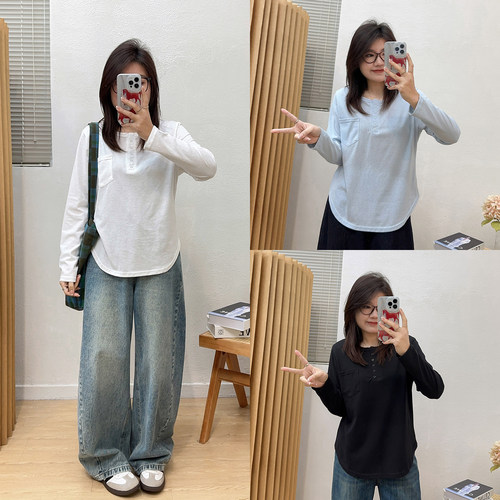 宛宛大码纯棉简约长袖T恤女春季新款胖mm显瘦宽松打底衫内搭上衣