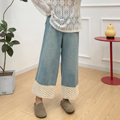 女春秋微胖mm显瘦休闲百搭九分直筒裤 宛宛大码 蕾丝拼接阔腿牛仔裤