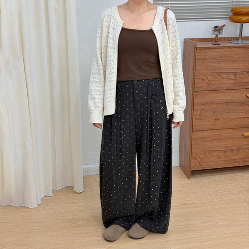 宛宛大码女装微胖妹妹mm设计感波点西装阔腿裤女休闲宽松拖地长裤