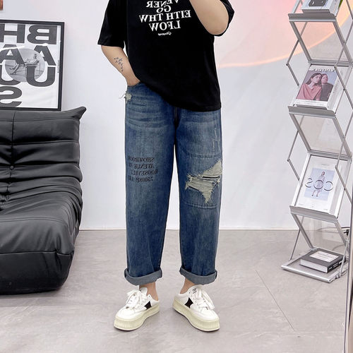 假破洞潮印花哈伦牛仔裤