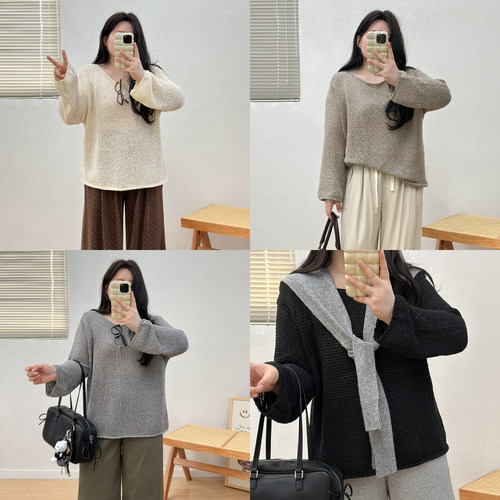 宛宛大码女装胖MM秋季新款高级宽松镂空针织一字领罩衫打底上衣潮