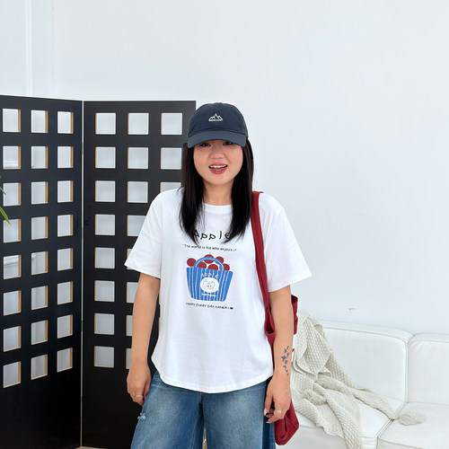 宛宛大码女装胖mm正肩苹果印花短袖t恤2026新款夏季显瘦灰色上衣
